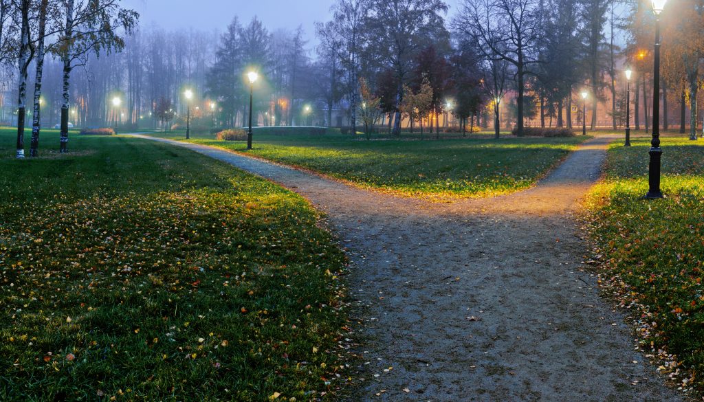Een mooi verlicht park met bomen en lantaarnpalen